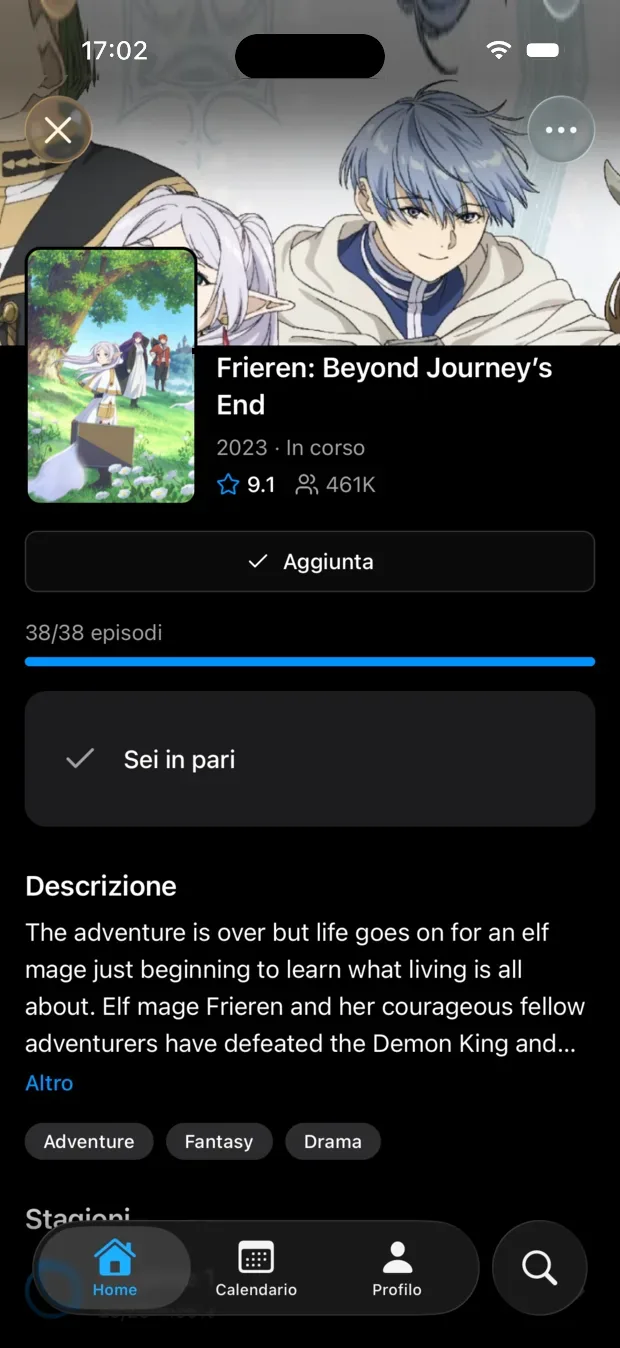 La pagina di una serie in Sparky con progressi e stagioni